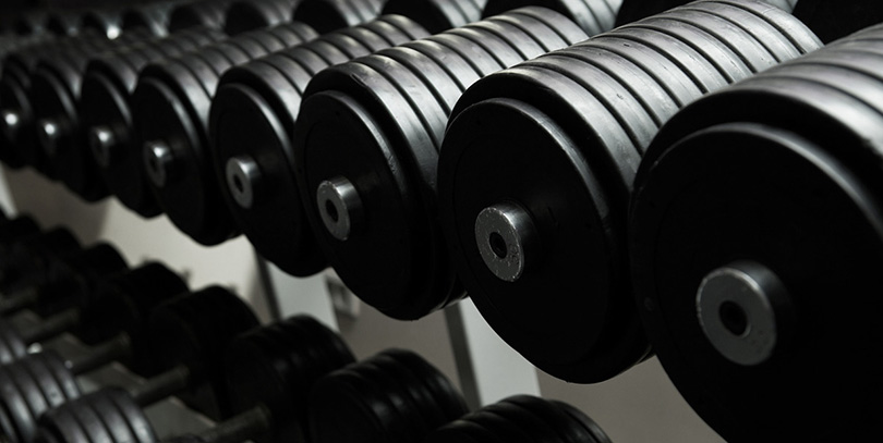 Barbell weights on a rack